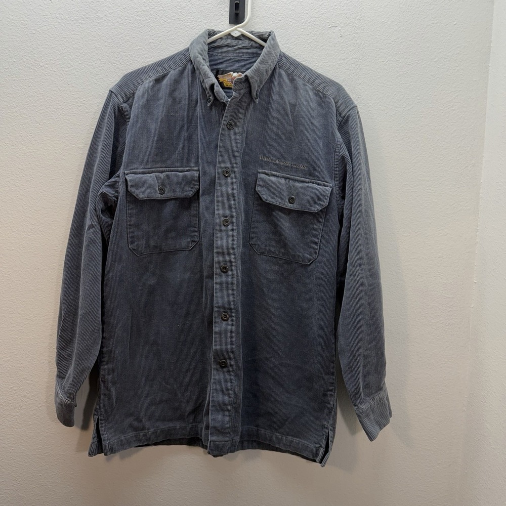 Harley Davidson Blue Corduroy Long Sleeve Shirt Button Down 100% Cotton Sz‎ M